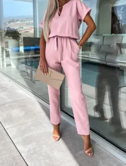 Women's Jumpsuits Casual Summer Lace up High Waist Solid Color Crew Neck Business Office Work Loose Fit Short Sleeve Black Pink Fuchsia S M L