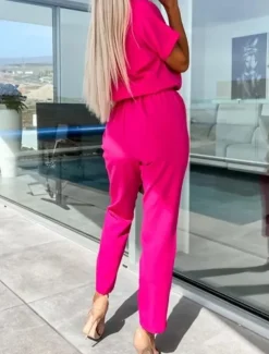 Women's Jumpsuits Casual Summer Lace up High Waist Solid Color Crew Neck Business Office Work Loose Fit Short Sleeve Black Pink Fuchsia S M L