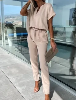 Women's Jumpsuits Casual Summer Lace up High Waist Solid Color Crew Neck Business Office Work Loose Fit Short Sleeve Black Pink Fuchsia S M L