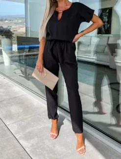 Women's Jumpsuits Casual Summer Lace up High Waist Solid Color Crew Neck Business Office Work Loose Fit Short Sleeve Black Pink Fuchsia S M L