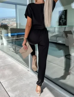 Women's Jumpsuits Casual Summer Lace up High Waist Solid Color Crew Neck Business Office Work Loose Fit Short Sleeve Black Pink Fuchsia S M L