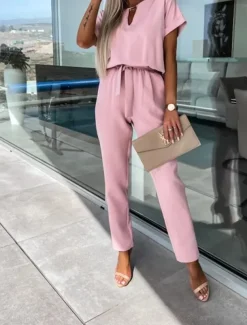 Women's Jumpsuits Casual Summer Lace up High Waist Solid Color Crew Neck Business Office Work Loose Fit Short Sleeve Black Pink Fuchsia S M L