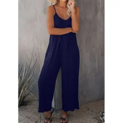 Women's Jumpsuits Casual Summer Basic Daily Wide Leg Navy Blue Overall Solid Color