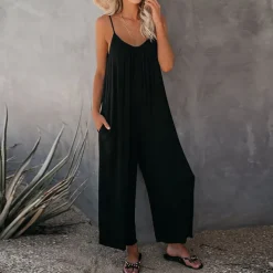 Women's Jumpsuits Casual Summer Basic Daily Wide Leg Navy Blue Overall Solid Color