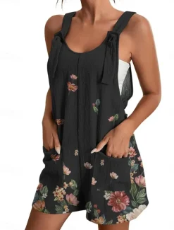 Womens Jumpsuits Casual Summer Overall Patch Pocket Print Floral Crew Neck Streetwear Daily Vacation Regular Fit Sleeveless Black White Yellow S M L