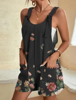 Womens Jumpsuits Casual Summer Overall Patch Pocket Print Floral Crew Neck Streetwear Daily Vacation Regular Fit Sleeveless Black White Yellow S M L