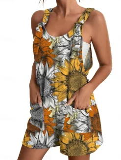Womens Jumpsuits Casual Summer Overall Patch Pocket Print Floral Crew Neck Streetwear Daily Vacation Regular Fit Sleeveless Black White Yellow S M L