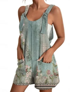 Womens Jumpsuits Casual Summer Overall Patch Pocket Print Floral Crew Neck Streetwear Daily Vacation Regular Fit Sleeveless Black White Yellow S M L
