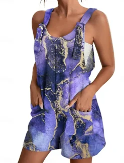 Womens Jumpsuits Casual Summer Overall Patch Pocket Print Floral Crew Neck Streetwear Daily Vacation Regular Fit Sleeveless Black White Yellow S M L