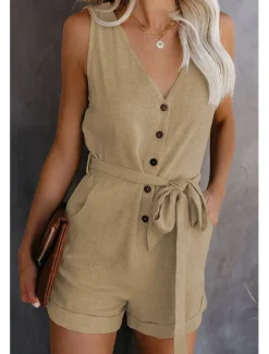Women's Jumpsuits Patch Pocket Casual Summer Romper Solid Color Basic Holiday Daily Wear Regular Fit Sleeveless Wine Blue White S M L Spring