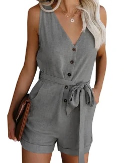 Women's Jumpsuits Patch Pocket Casual Summer Romper Solid Color Basic Holiday Daily Wear Regular Fit Sleeveless Wine Blue White S M L Spring