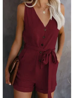 Women's Jumpsuits Patch Pocket Casual Summer Romper Solid Color Basic Holiday Daily Wear Regular Fit Sleeveless Wine Blue White S M L Spring