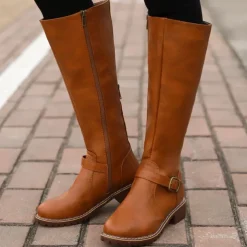 Women's Knee High Riding Boots with Side Zipper and Buckle – Classic Faux Leather Fall Winter Boots for Daily Wear, Commuting, and Outdoor Outfits