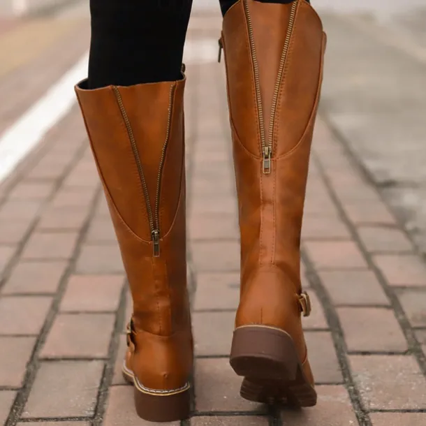 Women's Knee High Riding Boots with Side Zipper and Buckle – Classic Faux Leather Fall Winter Boots for Daily Wear, Commuting, and Outdoor Outfits