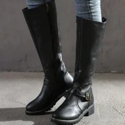 Women's Knee High Riding Boots with Side Zipper and Buckle – Classic Faux Leather Fall Winter Boots for Daily Wear, Commuting, and Outdoor Outfits