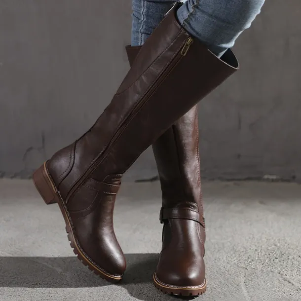 Women's Knee High Riding Boots with Side Zipper and Buckle – Classic Faux Leather Fall Winter Boots for Daily Wear, Commuting, and Outdoor Outfits