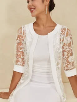 Women's Knee Length Dress White Dress Elegant Formal Party Regular Fit Half Sleeve Crew Neck White Summer