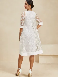 Women's Knee Length Dress White Dress Elegant Formal Party Regular Fit Half Sleeve Crew Neck White Summer