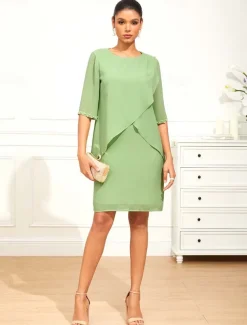 Women's Knee Length Dress Chiffon Dress Elegant Formal Wedding Guest Cocktail Party Loose Fit 3/4 Length Sleeve Crew Neck Green Summer Spring