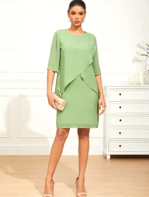 Women's Knee Length Dress Chiffon Dress Elegant Formal Wedding Guest Cocktail Party Loose Fit 3/4 Length Sleeve Crew Neck Green Summer Spring