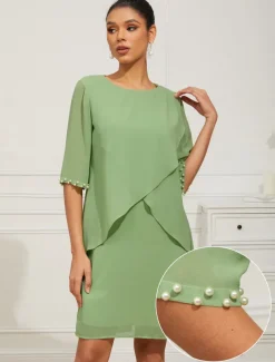 Women's Knee Length Dress Chiffon Dress Elegant Formal Wedding Guest Cocktail Party Loose Fit 3/4 Length Sleeve Crew Neck Green Summer Spring