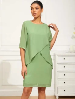 Women's Knee Length Dress Chiffon Dress Elegant Formal Wedding Guest Cocktail Party Loose Fit 3/4 Length Sleeve Crew Neck Green Summer Spring