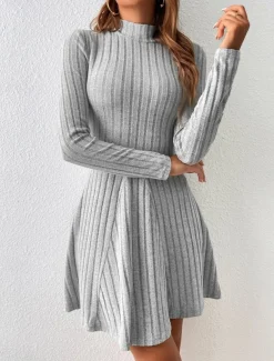 Women's Knit Dress Mini Dress Ribbed Date Streetwear Basic Stand Collar Long Sleeve Gray Color