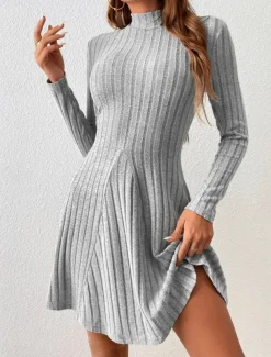 Women's Knit Dress Mini Dress Ribbed Date Streetwear Basic Stand Collar Long Sleeve Gray Color