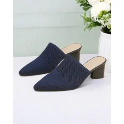 Women's Knit Pointed-Toe Mules with Block Heels – Elegant and Comfortable Shoes for Office Wear and Formal Events