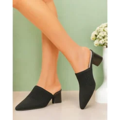 Women's Knit Pointed-Toe Mules with Block Heels – Elegant and Comfortable Shoes for Office Wear and Formal Events