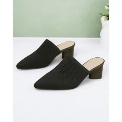 Women's Knit Pointed-Toe Mules with Block Heels – Elegant and Comfortable Shoes for Office Wear and Formal Events