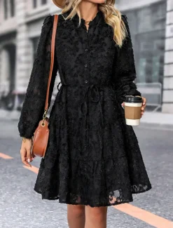 Women's Lace Dress Mini Dress Belted Formal Stand Collar Long Sleeve Black Wine Navy Blue Color