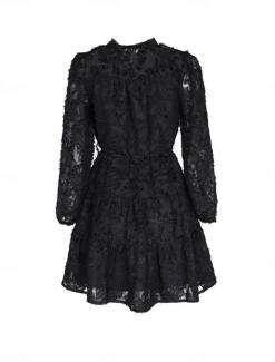 Women's Lace Dress Mini Dress Belted Formal Stand Collar Long Sleeve Black Wine Navy Blue Color