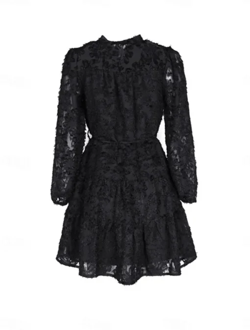 Women's Lace Dress Mini Dress Belted Formal Stand Collar Long Sleeve Black Wine Navy Blue Color