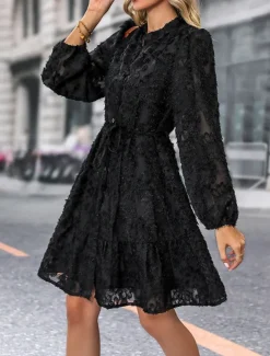 Women's Lace Dress Mini Dress Belted Formal Stand Collar Long Sleeve Black Wine Navy Blue Color