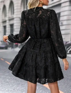 Women's Lace Dress Mini Dress Belted Formal Stand Collar Long Sleeve Black Wine Navy Blue Color