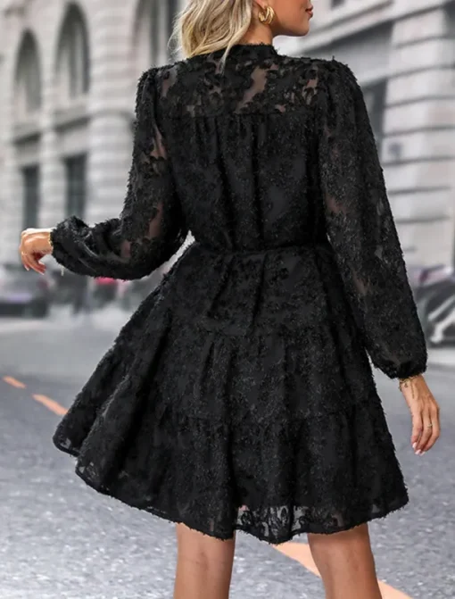 Women's Lace Dress Mini Dress Belted Formal Stand Collar Long Sleeve Black Wine Navy Blue Color