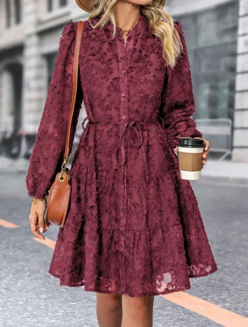 Women's Lace Dress Mini Dress Belted Formal Stand Collar Long Sleeve Black Wine Navy Blue Color