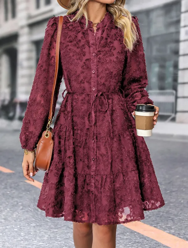 Women's Lace Dress Mini Dress Belted Formal Stand Collar Long Sleeve Black Wine Navy Blue Color