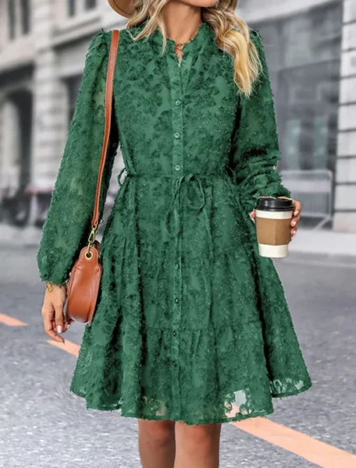 Women's Lace Dress Mini Dress Belted Formal Stand Collar Long Sleeve Black Wine Navy Blue Color