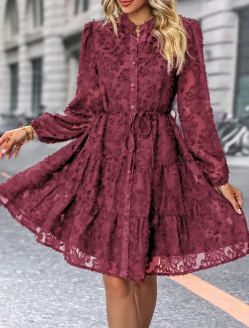 Women's Lace Dress Mini Dress Belted Formal Stand Collar Long Sleeve Black Wine Navy Blue Color