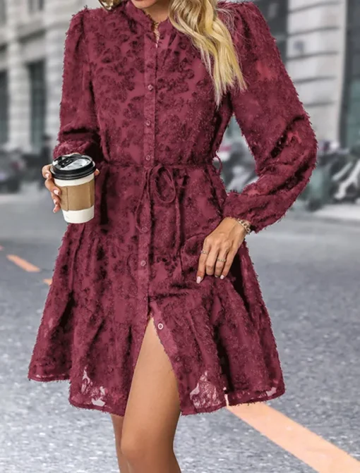 Women's Lace Dress Mini Dress Belted Formal Stand Collar Long Sleeve Black Wine Navy Blue Color