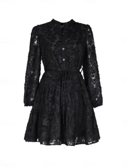 Women's Lace Dress Mini Dress Belted Formal Stand Collar Long Sleeve Black Wine Navy Blue Color