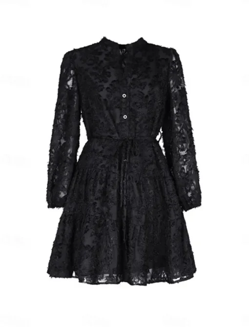 Women's Lace Dress Mini Dress Belted Formal Stand Collar Long Sleeve Black Wine Navy Blue Color