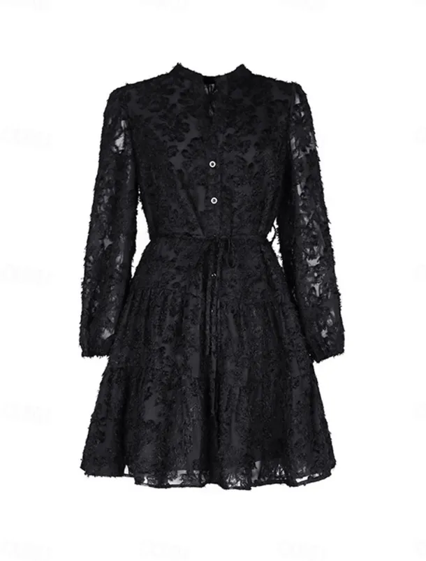 Women's Lace Dress Mini Dress Belted Formal Stand Collar Long Sleeve Black Wine Navy Blue Color
