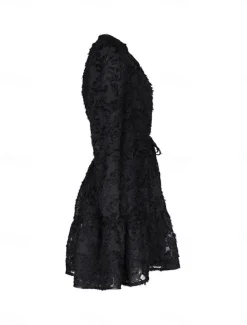Women's Lace Dress Mini Dress Belted Formal Stand Collar Long Sleeve Black Wine Navy Blue Color