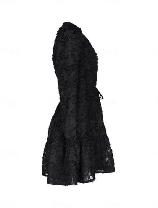 Women's Lace Dress Mini Dress Belted Formal Stand Collar Long Sleeve Black Wine Navy Blue Color