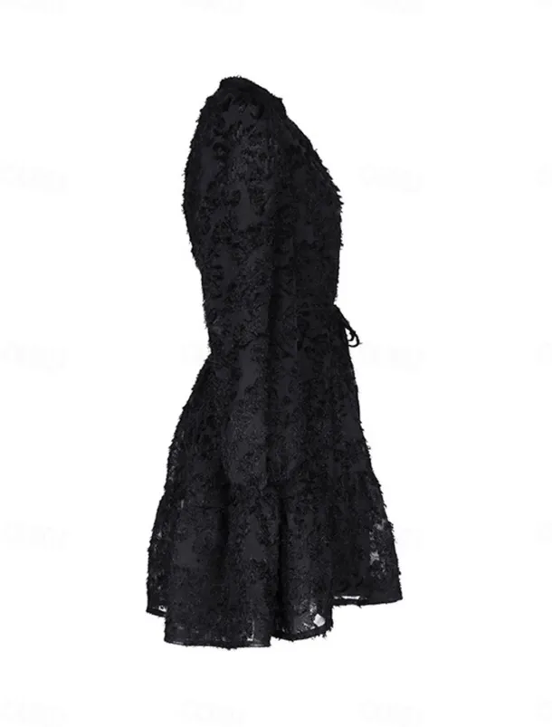 Women's Lace Dress Mini Dress Belted Formal Stand Collar Long Sleeve Black Wine Navy Blue Color