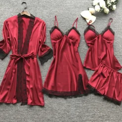 Women's Lace Satin Silk Pajamas Sets 4 Pcs Home Party Daily Elastic Waist Pure Color Satin Simple Casual Soft Strap Top Shorts Fall Winter Spring Strap Short Sleeves Long Sleeve Home Outfits