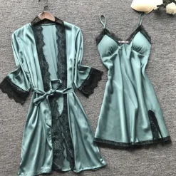 Women's Lace Satin Silk Pajamas Sets 4 Pcs Home Party Daily Elastic Waist Pure Color Satin Simple Casual Soft Strap Top Shorts Fall Winter Spring Strap Short Sleeves Long Sleeve Home Outfits